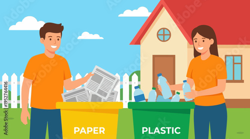 A man and a woman happily sorting paper and plastic into separate recycling bins in front of a house, promoting environmental responsibility.