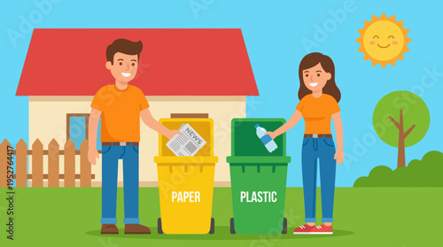 A man and a woman are actively recycling paper and plastic waste into separate bins outside their house on a sunny day, promoting environmental responsibility.