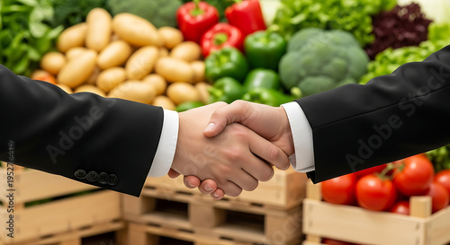 food supply chain agreement two business people shaking hands amidst fresh market produce symbolizing sustainable partnership