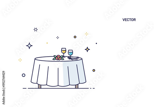 Tablecloth wedding reception decor centered on a round covered table with subtle floral accent and two glasses, expressing elegance, romance and special