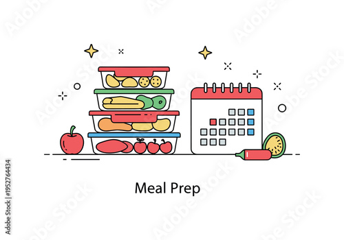 Nutrition and diet plans weekly meal prep scene featuring neatly arranged food containers beside a small calendar icon, symbolizing organization and consistent