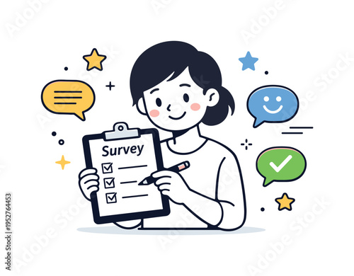 Customer Survey and Insights Collection. A character holding a clipboard with checkboxes labeled ?Survey?, reviewing responses with a friendly smile. Light