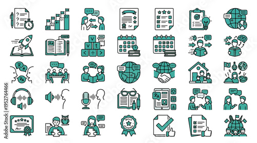 Language Learning Icon Set in Linear Style. A collection of language education linear icons, including translation, grammar, speaking, listening, reading, exam, certificate