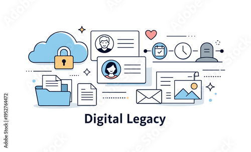Digital legacy concept. An abstract editorial composition combining cloud storage, profile cards, documents, and timeline icons in a clean layout.