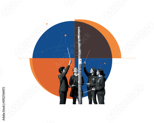 Black and white students measuring tree height with simple tools, large deep blue circular disc behind intersected by warm orange semicircles suggesting