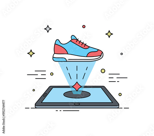AR product preview scene with a tablet projecting a 3D sneaker model above the screen representing immersive ecommerce and tech driven buying. Subtle motion