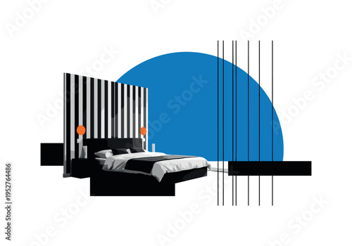 Black and white bedroom silhouette with bold striped wallpaper feature wall behind bed, large flat blue semicircle intersected by thin vertical lines echoing