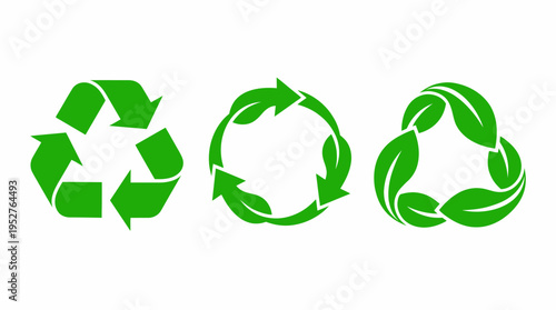 Three distinct green recycling symbols, including classic Mobius loop, leaf-integrated arrows, and leaf-based circular designs, representing sustainability and environmental protection.