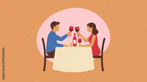 Illustration of a couple on a romantic date, toasting with red wine glasses at a restaurant table, celebrating an anniversary or special occasion.