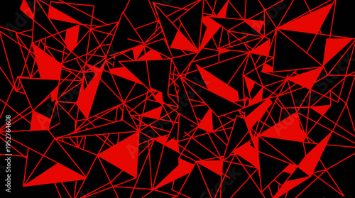 Abstract digital background featuring a chaotic arrangement of red geometric shapes and fragmented polygons on a dark black canvas, creating a dynamic and modern visual texture.