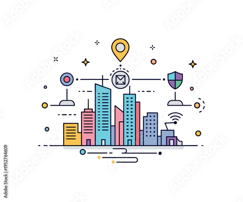Smart city governance represented by a simplified skyline connected with network nodes and data lines, symbolizing coordinated urban management and digital
