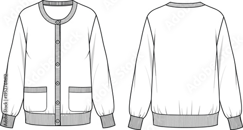 Front and back view of classic cardigan sweater vector illustration, minimal fashion apparel template with buttons, pockets, ribbed cuffs design