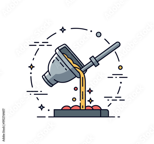 Molten metal pouring scene with a simple crucible tilting and a glowing stream flowing downward, symbolizing transformation, craftsmanship, and heavy industry.