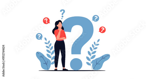 Vector flat design illustration of a woman standing thoughtfully with a large question mark and smaller question marks surrounding her in a simple, stylized composition.