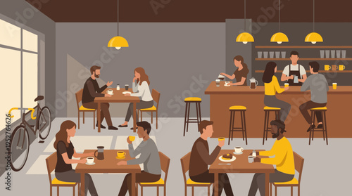 People enjoying coffee and food in a modern, bustling cafe with a barista serving drinks at the counter and customers seated at tables.