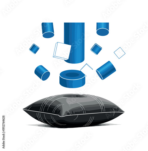 Realistic monochrome pillow with visible fabric folds and subtle indentation, highlighted by a blue semicircle positioned above and small red square accents