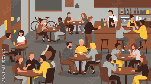 A bustling cafe interior filled with diverse people socializing, drinking coffee, and enjoying the vibrant atmosphere.