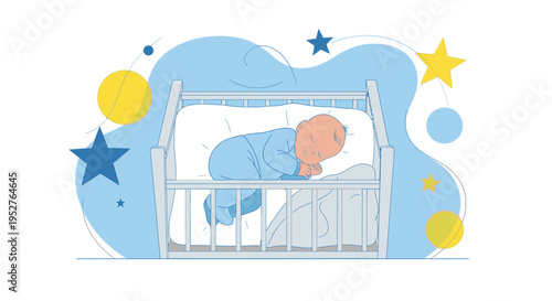Baby Sleeping Peacefully in Crib Surrounded by Stars and Circles, Dreamy Nursery Scene