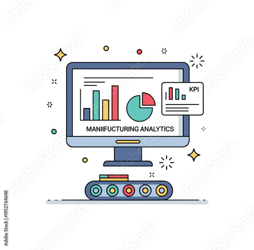 Manufacturing analytics dashboard visualized through a monitor with bar charts, pie graph and KPI indicators above a simple conveyor belt icon, symbolizing