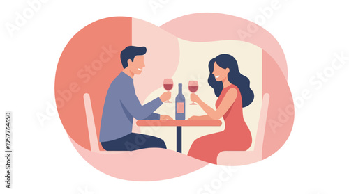 An illustration of a happy couple enjoying a romantic dinner date with wine at a restaurant table.