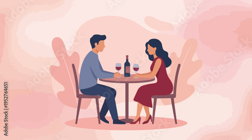 Illustration of a couple enjoying a romantic dinner date with wine at a table.