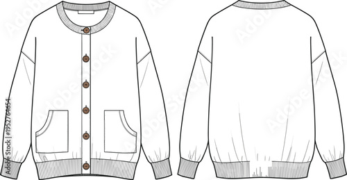 Front and back view of casual button cardigan sweater vector illustration, detailed fashion apparel template with pockets, ribbed cuffs design