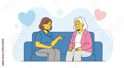 Caring nurse talking to elderly woman on sofa, support and empathy concept