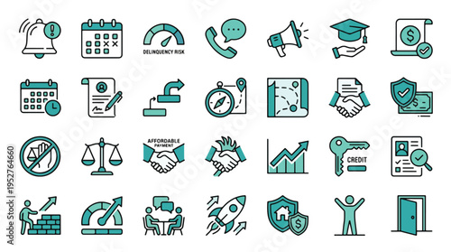 Financial Credit and Debt Management Icon Set in Linear Two-Tone Style. A collection of icons including delinquency risk, credit, payment, growth, insurance, law, and more. Editable Stroke.
