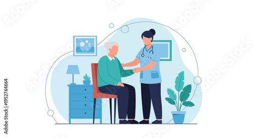 Caring Nurse Assists Elderly Man in Cozy Home Environment, Promoting Health and Well-being