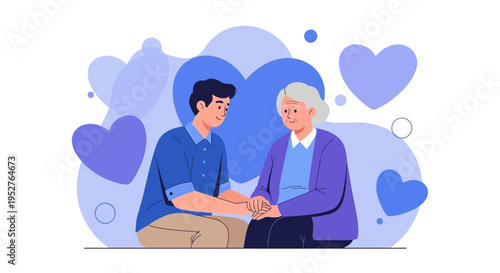 Caring grandson holds grandmother's hands, expressing love and support, surrounded by hearts