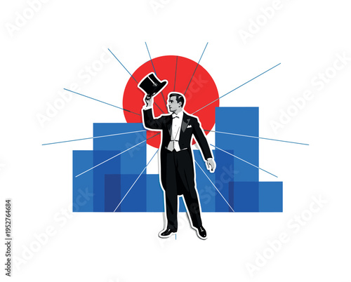Black and white vintage magician in tuxedo tipping a top hat, bold red circular backdrop behind the hat, bright blue geometric rectangles forming abstract