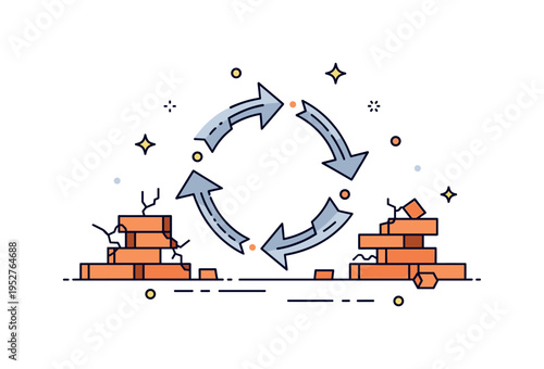 Recycling materials after demolition illustrated through stacked broken bricks and metal pieces forming a circular arrow symbol, highlighting sustainability