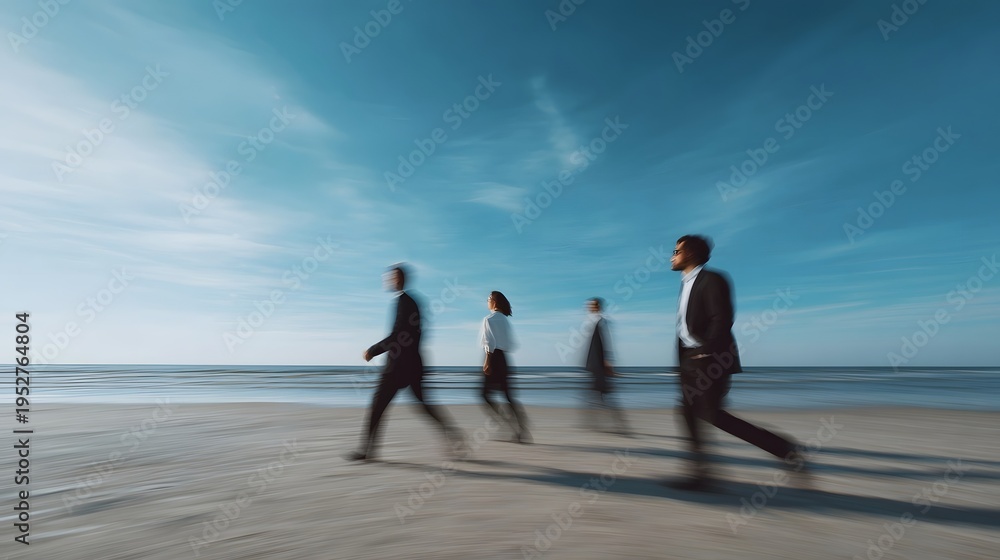 Fototapeta premium Four professionals in business attire walking on a sandy beach by the ocean with a dynamic motion blur effect