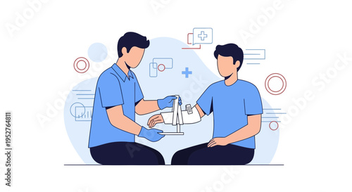Doctor applying cast on patient's broken arm, medical treatment illustration