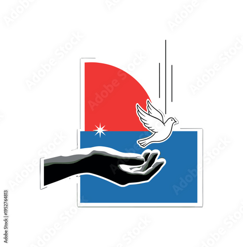 Black and white hand releasing a small white dove, bold red semi-circle intersecting with a blue rectangle behind, abstract thin lines suggesting movement