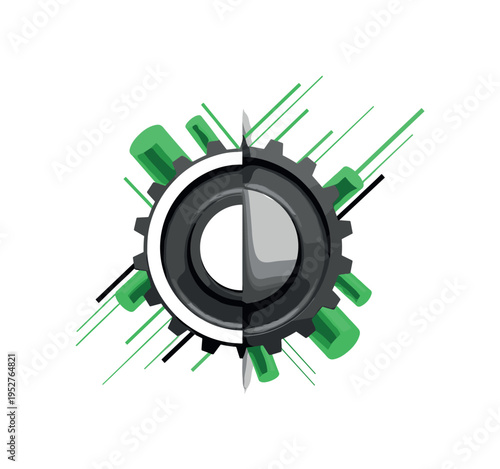 A realistic monochrome gear partially cropped at the edge of the frame, combined with green cylindrical accents and diagonal lines expressing motion and