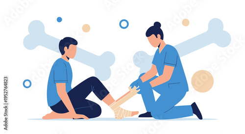 Doctor bandaging injured ankle of patient, rehabilitation and medical care concept