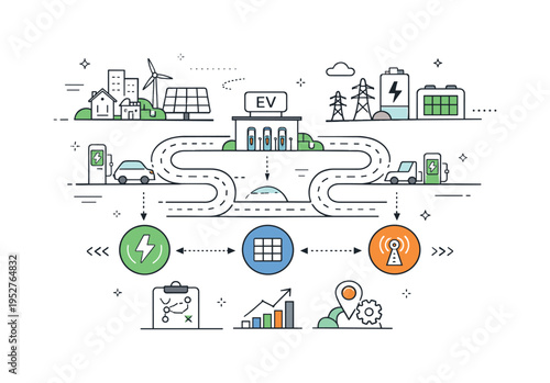EV infrastructure planning. Abstract diagrams of roads, chargers, and energy nodes arranged in a structured layout. The scene represents strategy, scalability,