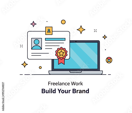 Freelance work personal branding concept showing a profile card icon with a star badge placed beside a laptop, expressing reputation building and