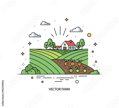Small scale organic farm landscape illustrated by rolling green fields, a modest farmhouse and vegetable patches, expressing local production and environmental