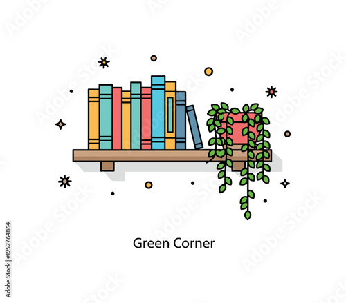Book shelf with plants cozy home interior scene featuring a compact shelf with neatly arranged books and a cascading potted plant draping over the edge,