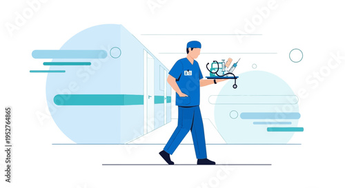 Doctor carrying medical equipment on a tray, representing healthcare innovation and technology