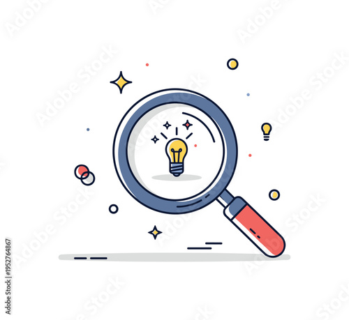 Innovation and research symbol magnifying glass focusing on a tiny glowing bulb with decorative sparkles, expressing analytical thinking leading to