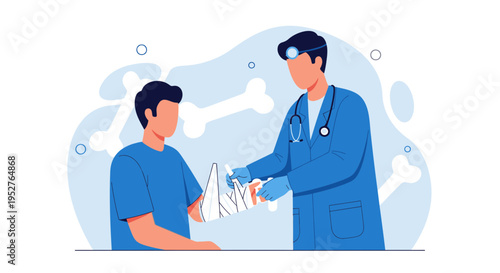 Doctor bandaging patient's injured hand, bone illustration background, medical care concept