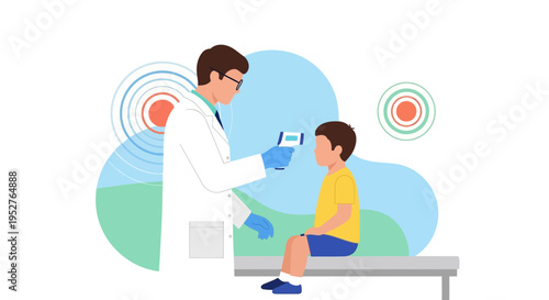 Doctor checks child's temperature with infrared thermometer, healthcare concept