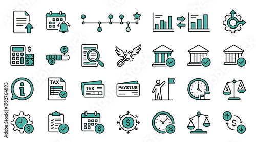 Design and Media Icon Set in Two-Tone Linear Style. A collection of multimedia linear icons, including pen tool, layers, brush, tablet, video, playback, cloud, timeline