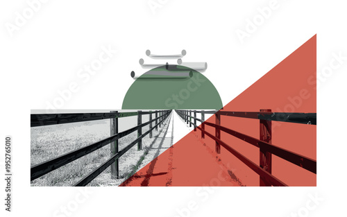 Black and white perspective view of a long rustic fence stretching into the distance, oversized muted green semicircle at the horizon intersected by a warm