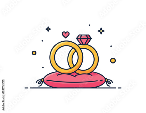 Wedding tradition emblem represented by two interlinked rings resting on a small cushion, expressing ritual, commitment and cultural continuity. The balanced