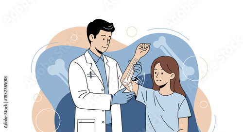 Doctor examining a young girl's arm and elbow joint with skeletal overlay