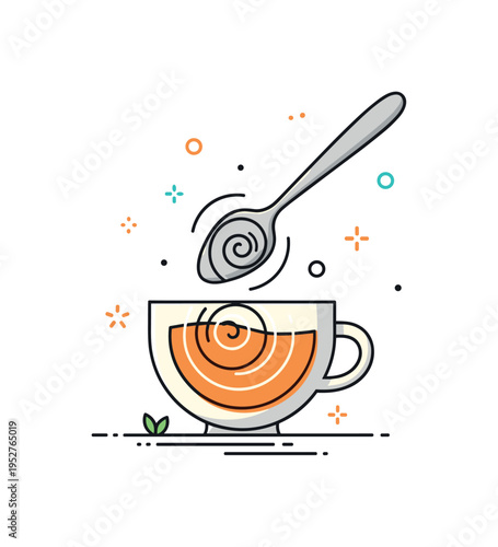 Spoon stirring motion illustration showing a spoon inside a cup with circular swirl lines forming a gentle pattern. The scene communicates warmth, tea time,